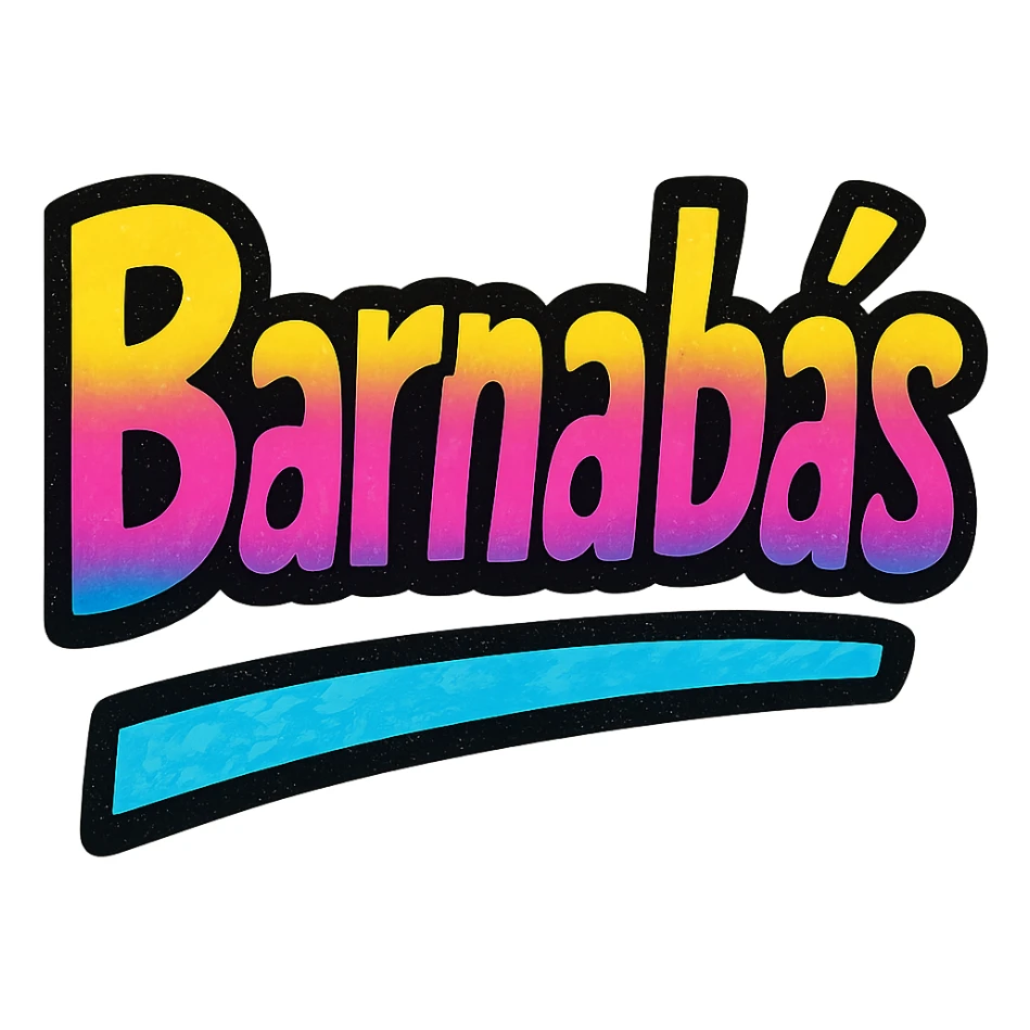 Barnabás name in modern colorful gradient font with dark outline, dynamic slanted or partial underline, in the style of reference patterns sticker