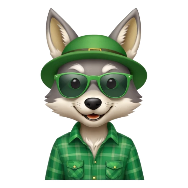 friendly anthropomorphised wolf in green plaid shirt and green attire for St. Patrick's Day, wearing dark sunglasses, festive pose sticker