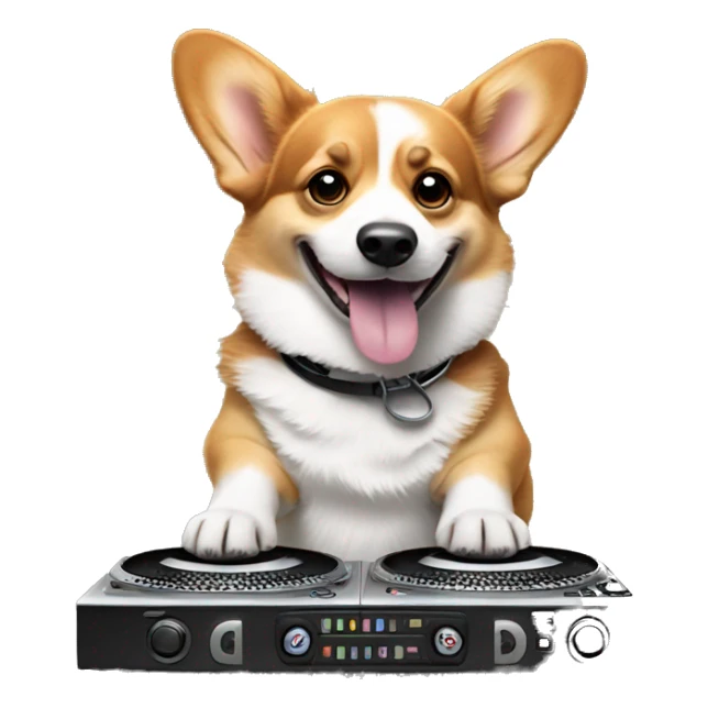 Corgi dog being a Dj in front of turn tables sticker