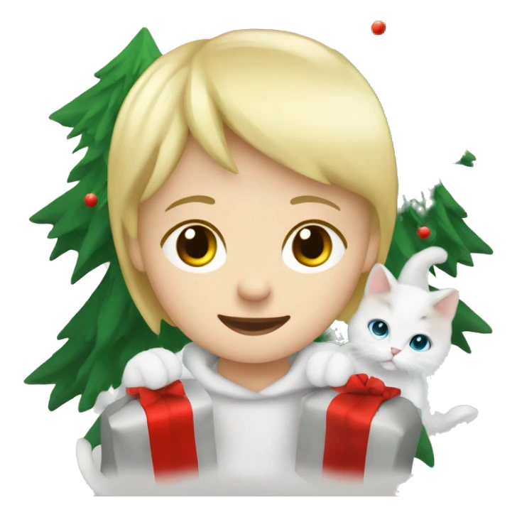 Blond kid with two white Sibirien cats next to a Christmas tree sticker