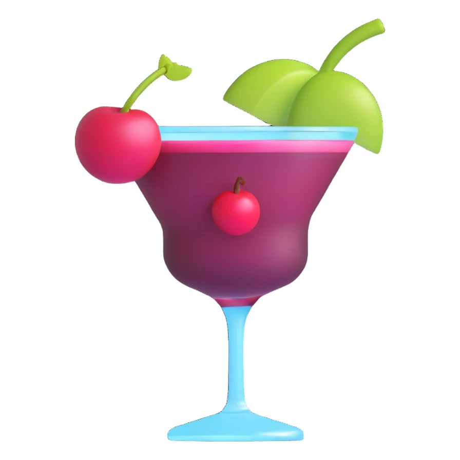 3D emoji style cocktail glass with burgundy drink and a cherry sticker