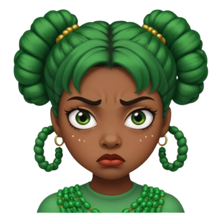 Create a 3D cartoon-style girl character with dark skin, round face, angry expression, big wide eyes, and tightly styled double buns made of green beaded hair. The girl should look irritated, eyebrows sharply angled, and lips pressed in a frown. sticker