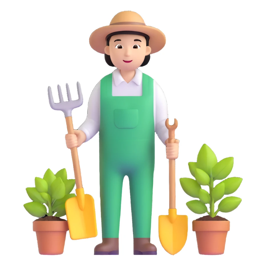 Asian gardener named Yong with gardening tools sticker