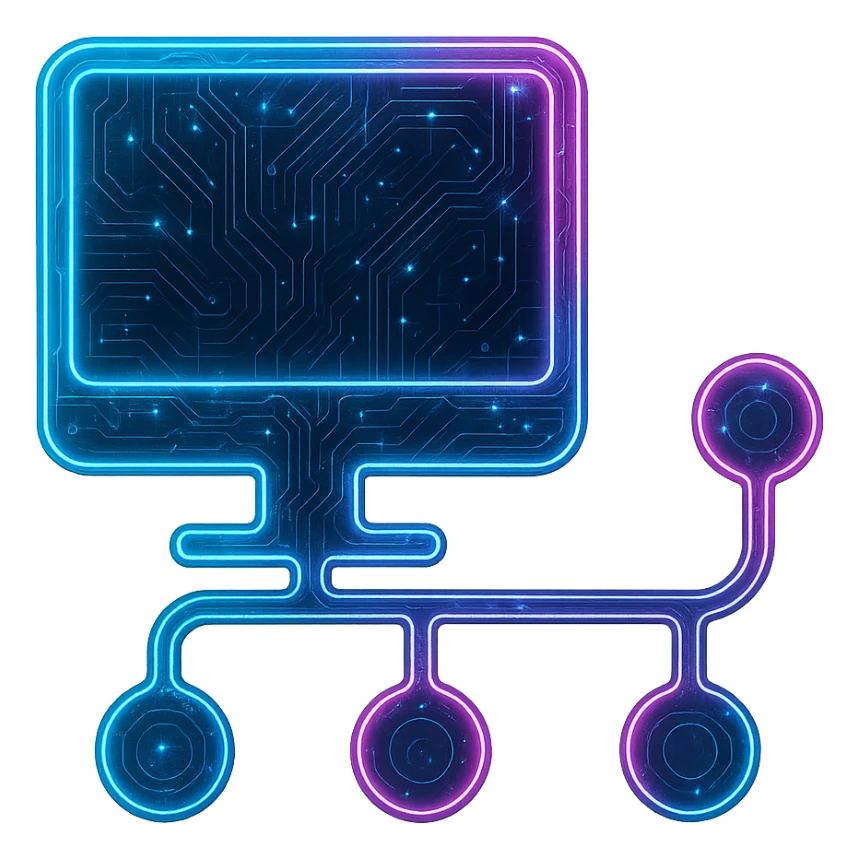 Transform the Device Manager icon into a cyberpunk, holographic style with glowing neon blue and pink edges, circuit patterns throughout the entire icon, and a transparent background. Maintain the recognizable computer and network node shapes, overlaying neon and circuit effects in the same futuristic, clean style as previous cyberpunk icons. The whole icon should have a consistent cyberpunk glow and intricate circuit details, emphasizing a futuristic, clean cyberpunk aesthetic with neon blue and pink glow and holographic circuit patterns. sticker
