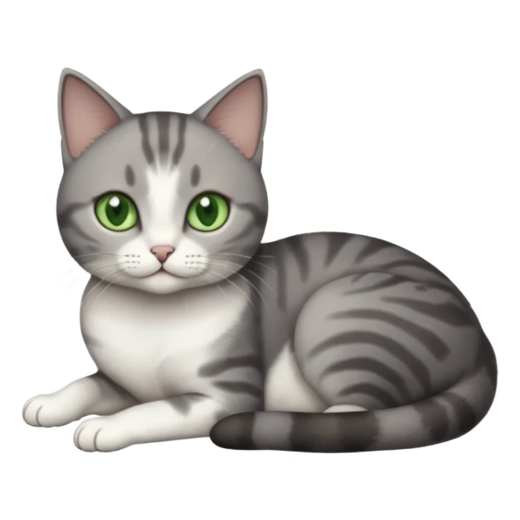 full body tiny short hair dark grey and white cat with white front legs and green  eyes lying down sticker