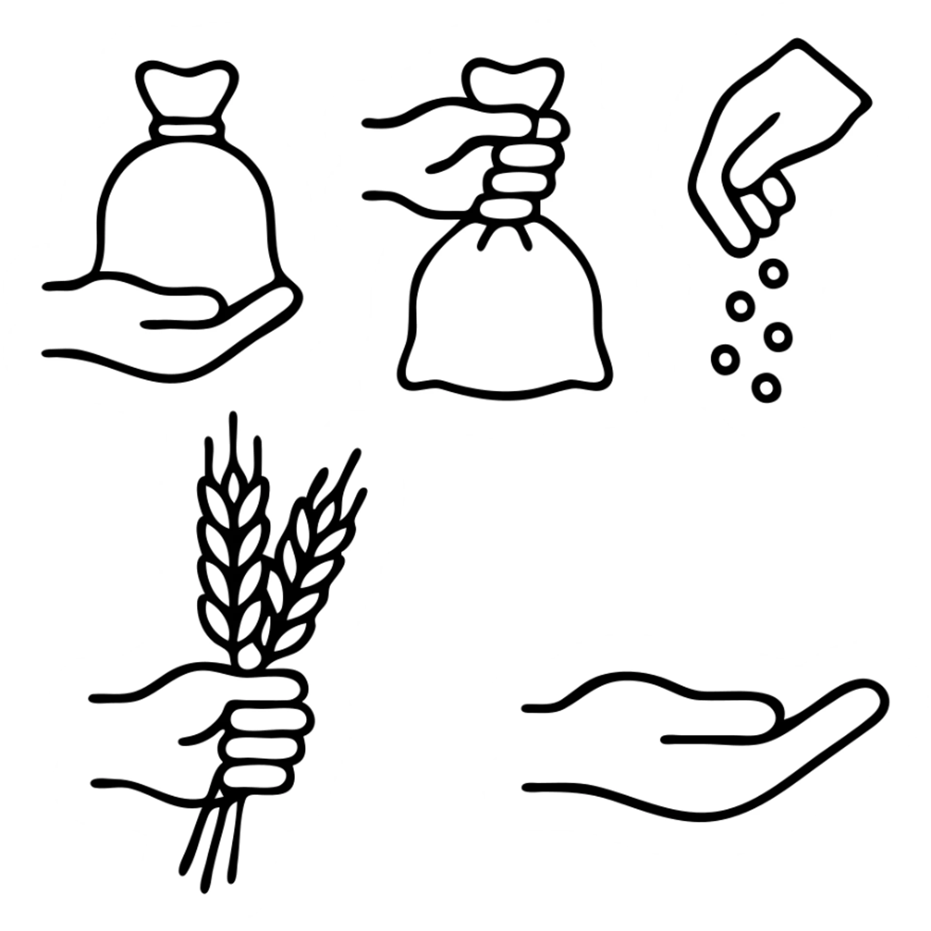 Hand Gestures Icons. Gestures icons in outline style: hand lifting sack, hand tying sack, hand pouring grains, hand holding wheat bundle, hand sticker