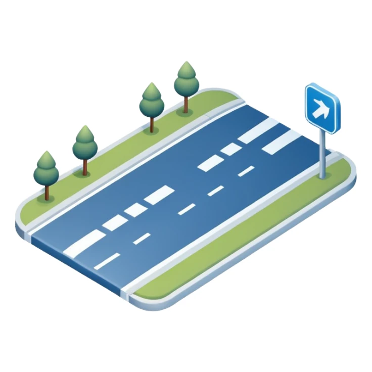
A 3D minimal icon showing a street route with a clear path, blue road with white markings, in a clean, minimal 3D style and a transparent background. sticker