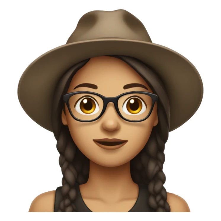 Brunette girl with glasses and a hat sticker