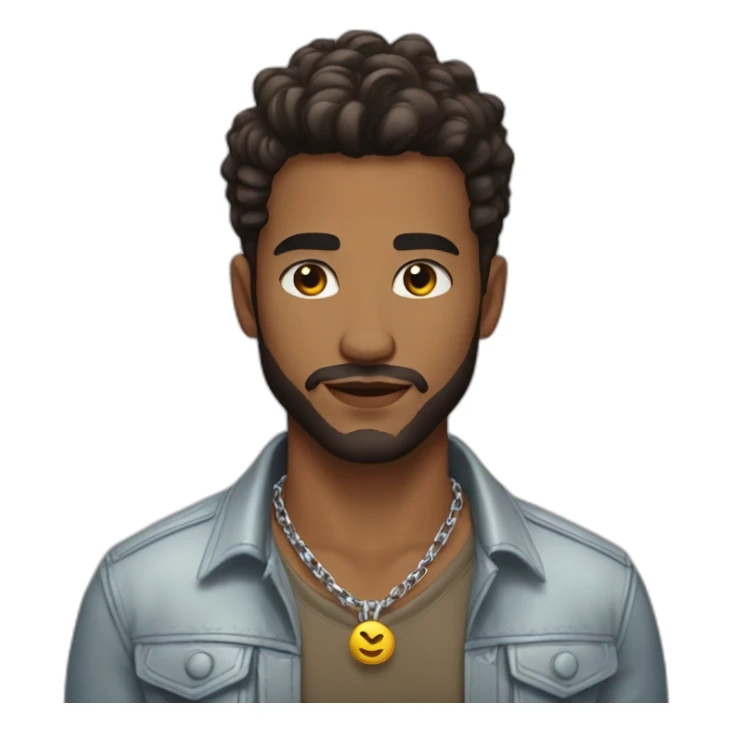 The guy is 23 years old, Alexander, hairstyle on the side, short beard, brown eyes, dressed in an unbuttoned shirt and jacket, silver chain on the neck sticker