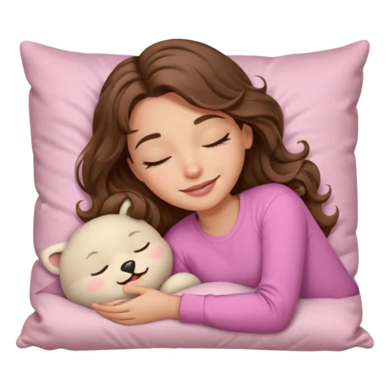 girl with wavy long brown hair, brown eyes, light to medium complexion, long lashes, light pink lipstick, smiling, wearing light pink shirt, sleeping on a cozy pillow sticker