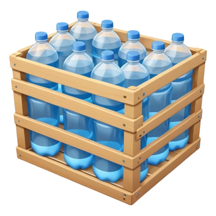 A 3D cartoon crate filled with water bottles, neatly arranged, bright industrial background, smooth reflections, realistic Memoji-style. sticker