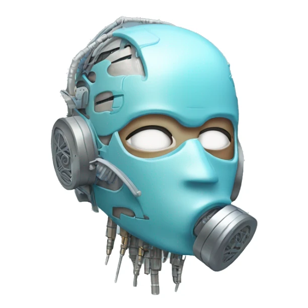 Pastel blue haired cyborg head with silver respirator mask and circuits sticker