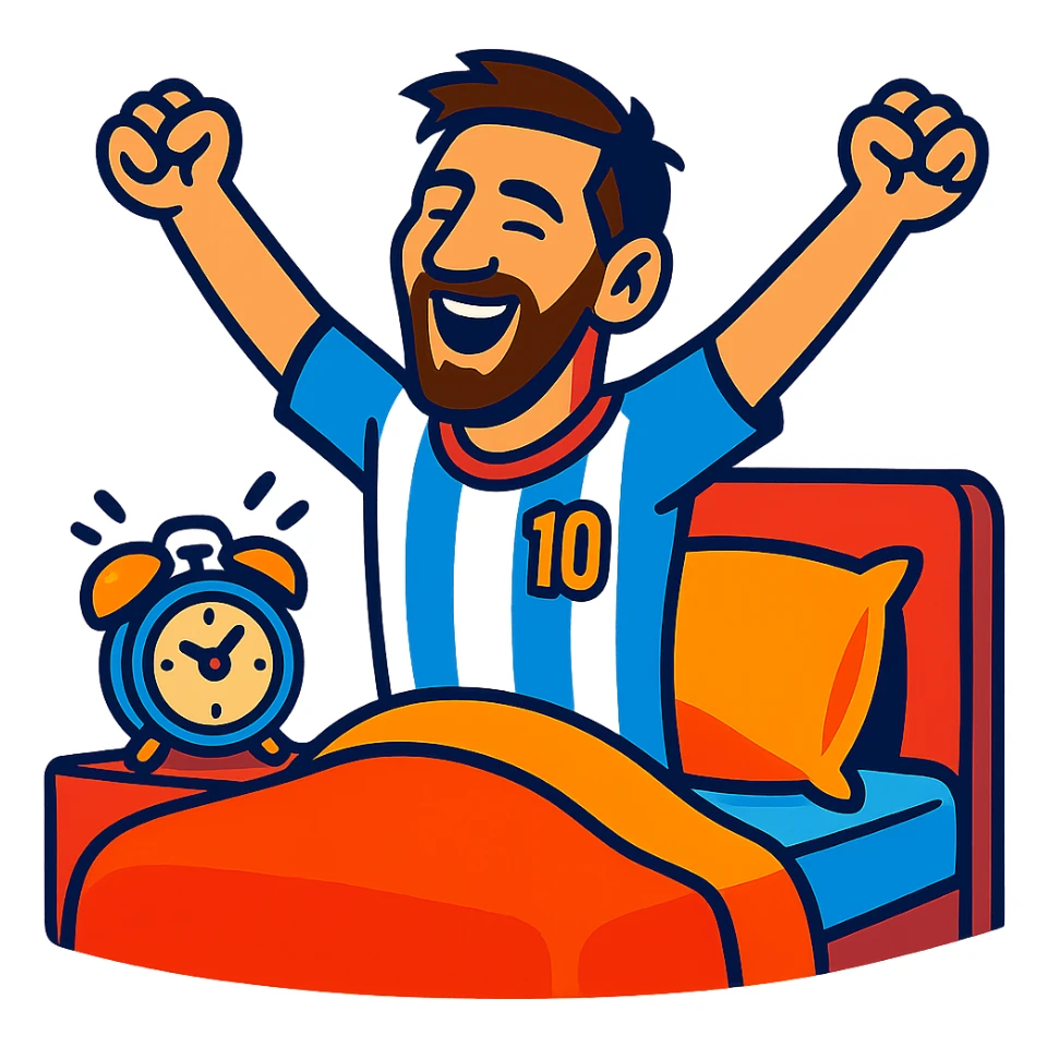 vibrant toon style Messi waking up, energetic colors sticker