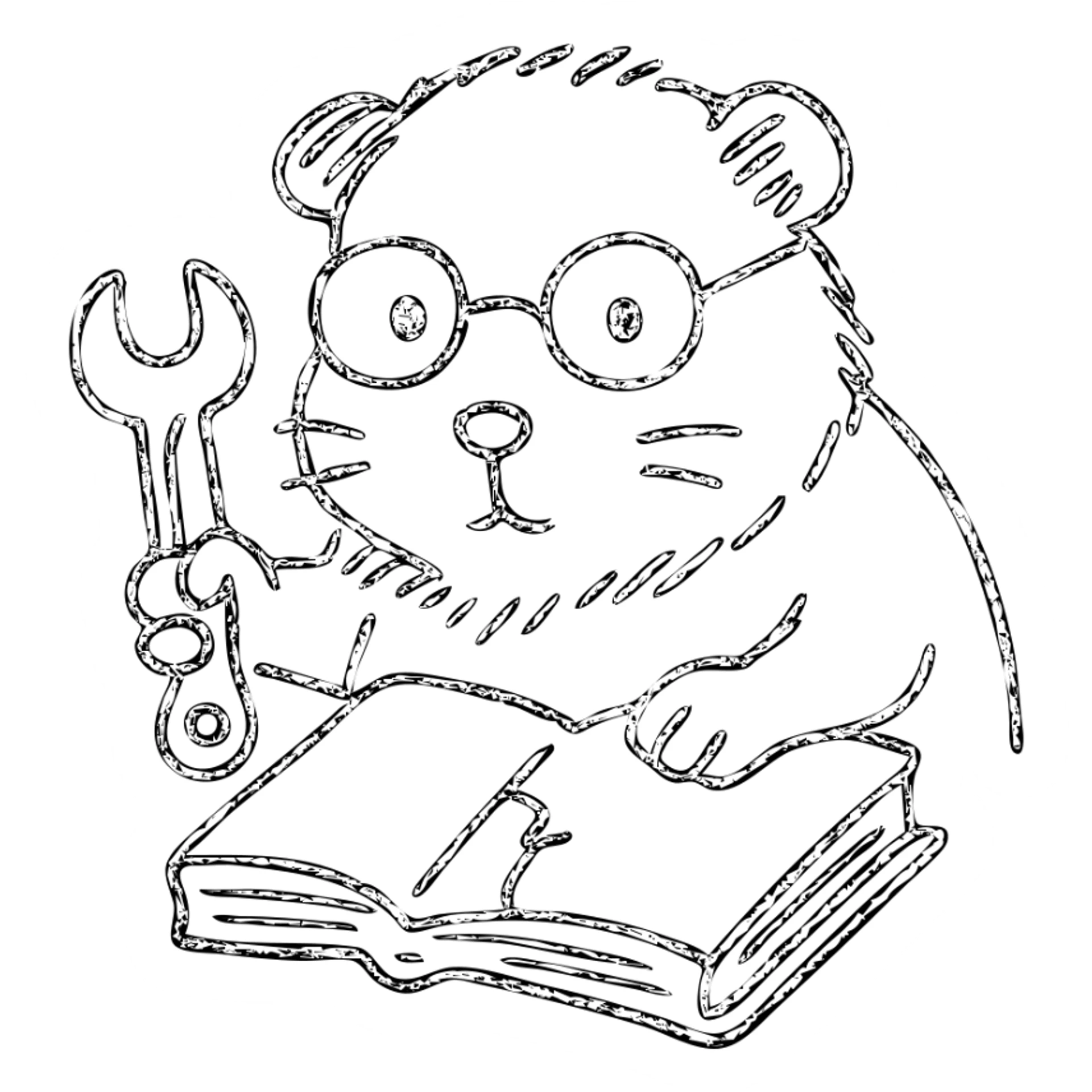 studious guinea pig with glasses, wrench, fixing a book, hand-drawn outlined icon sticker