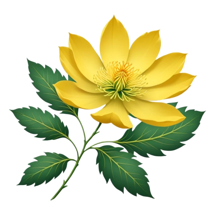 Japanese style Fukujuso (Adonis amurensis) flower in ukiyo-e inspired design, bright golden-yellow petals, green feathery leaves, traditional composition on subtle rice paper texture sticker