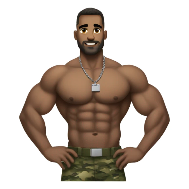 Bodybuilder hairy chest with military haircut  and dogtags sticker