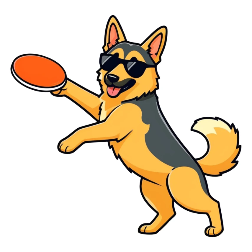 German shepherd wearing sunglasses, playing frisbee sticker