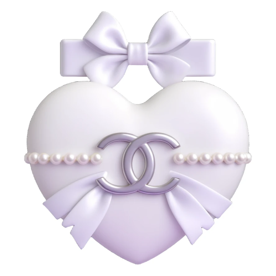 Add a white bow to the heart with pearls and silver Chanel logo, keep it elegant, glossy, black and white, 3D emoji style. sticker