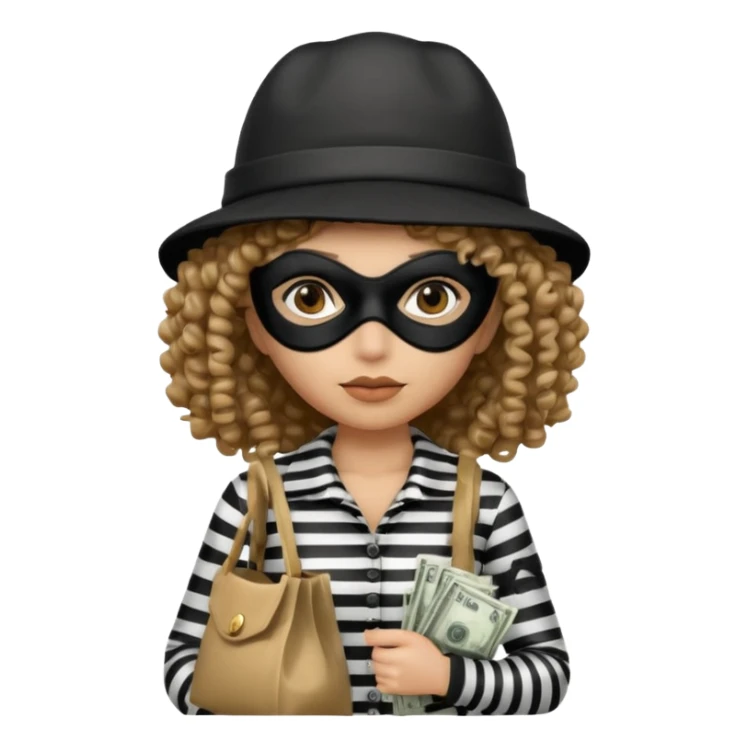 woman with robber mask concerned curly hair and robber outfit hat sticker