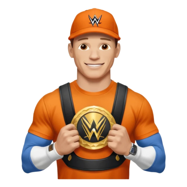 John Cena in orange cap and tshirt with wwe championship sticker