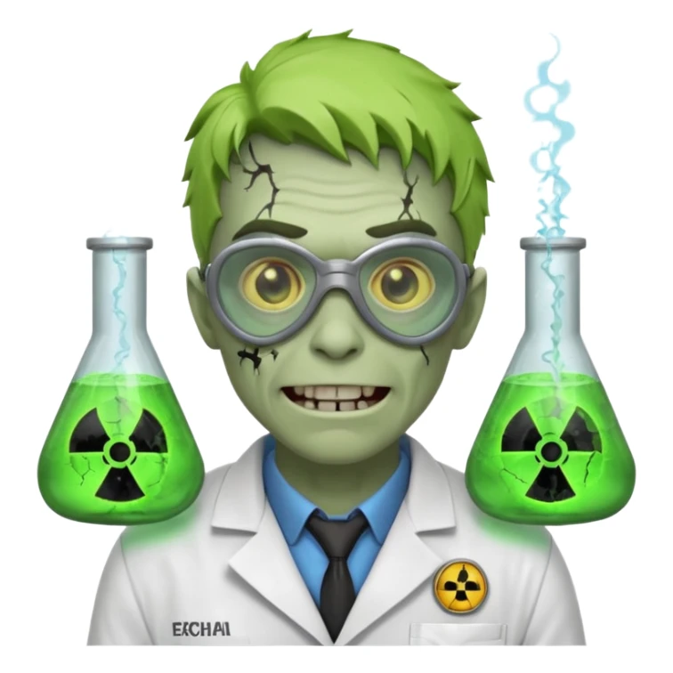 radioactive zombie scientist portrait, head and shoulders only, glowing toxic veins, cracked goggles, lab coat with radiation badge, sinister smile, 3D cartoon, mobile game icon style, clean background, no text, no watermark
 sticker