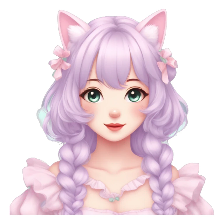 Gorgeous pastel anime style lady with blushing face and cat ears cottagecore fairycore pastelcore colorful pearly romantic simplistic aesthetic trending style full body sticker