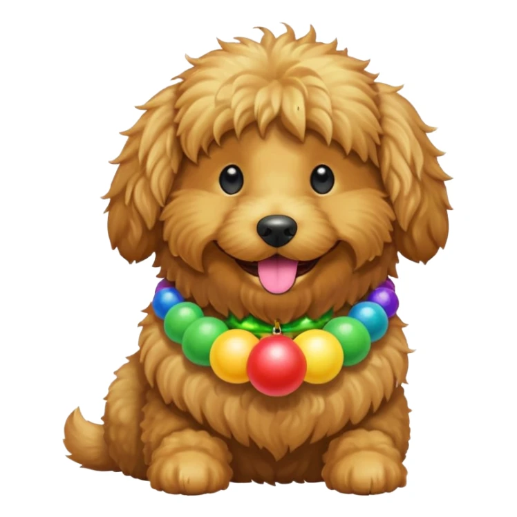 Golden doodle with a rainbow collar and a green ball in its mouth  sticker