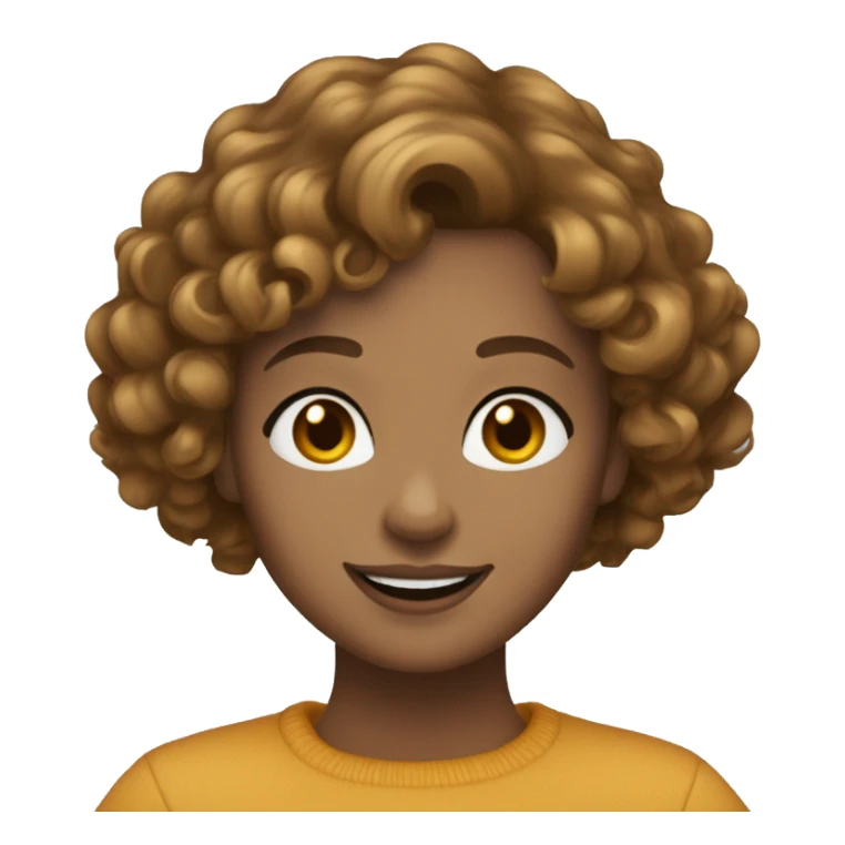 Women with a curly light brown bob, friendly smile, small to medium brown eyes, round face, small gold hoop earings sticker