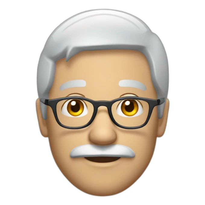 Man with mustache, white t-shirt, blue cap, grey hair, black framed glasses sticker