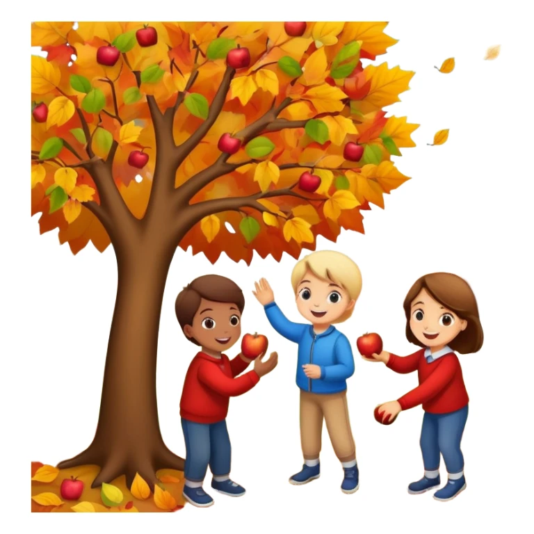 kids picking apples from a tree in autumn, colorful fall leaves, cheerful expressions sticker