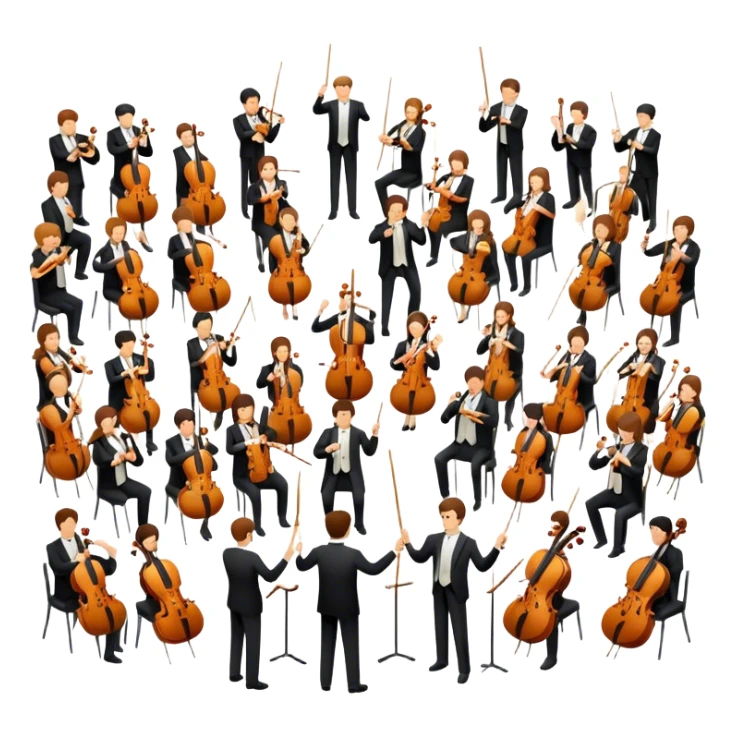 Icon for Classical Music: symphonic orchestra with musicians playing violins, cellos, and flutes, led by a conductor with a baton. Transparent background. sticker