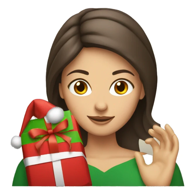 Brunette white woman is wrapping x-mas gifts sticker