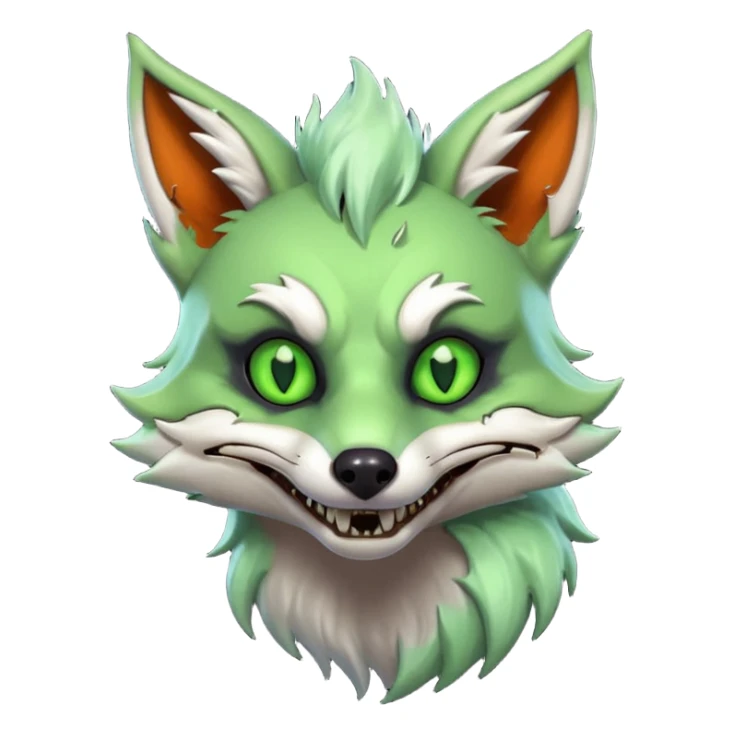 zombie fox portrait, head and shoulders only, torn tail fur visible, sinister grin, glowing toxic eyes, spooky fantasy style, 3D cartoon, mobile game icon style, clean background, no text, no watermark
 sticker