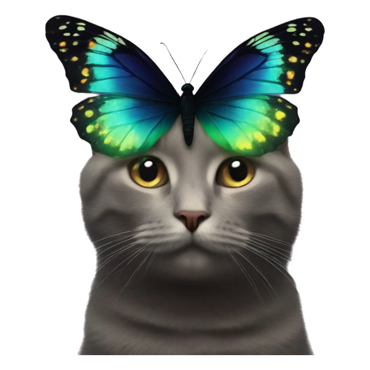 Dark iridescent butterfly glowing on top of cats head  sticker