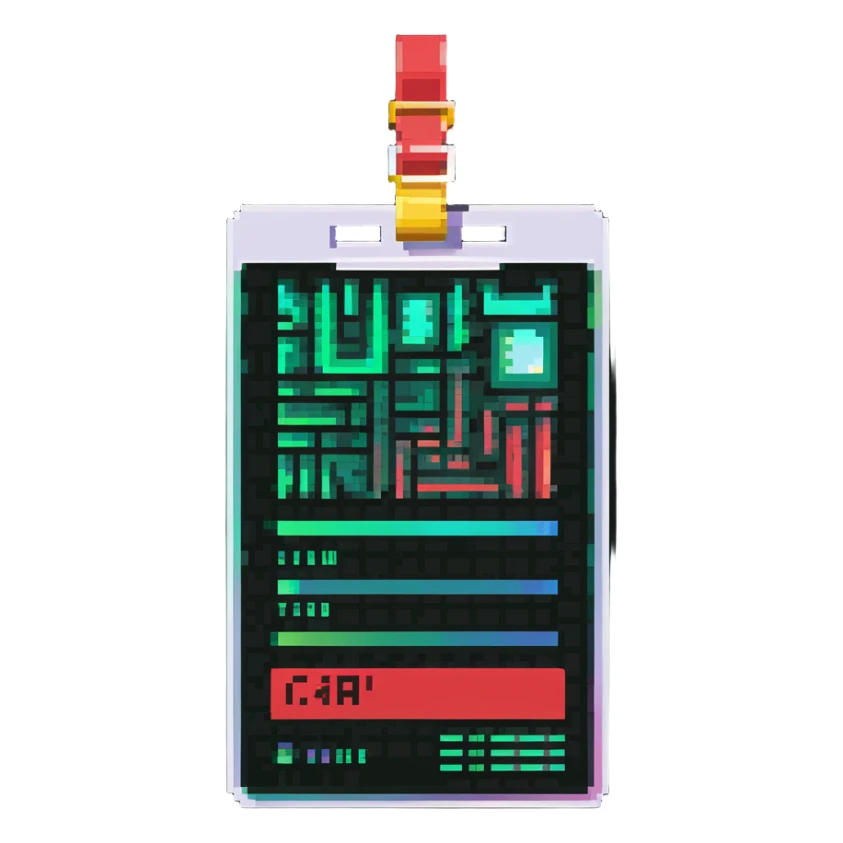 Member ID card with green to red gradient holographic effect and pixel art design sticker