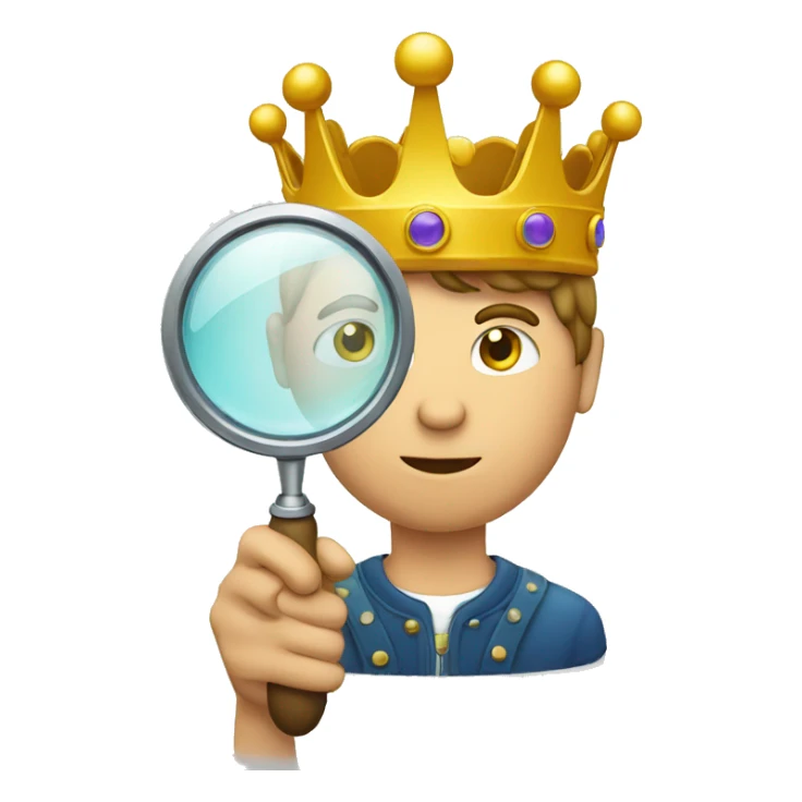 a man holding and looking through magnifying glass with crown sticker