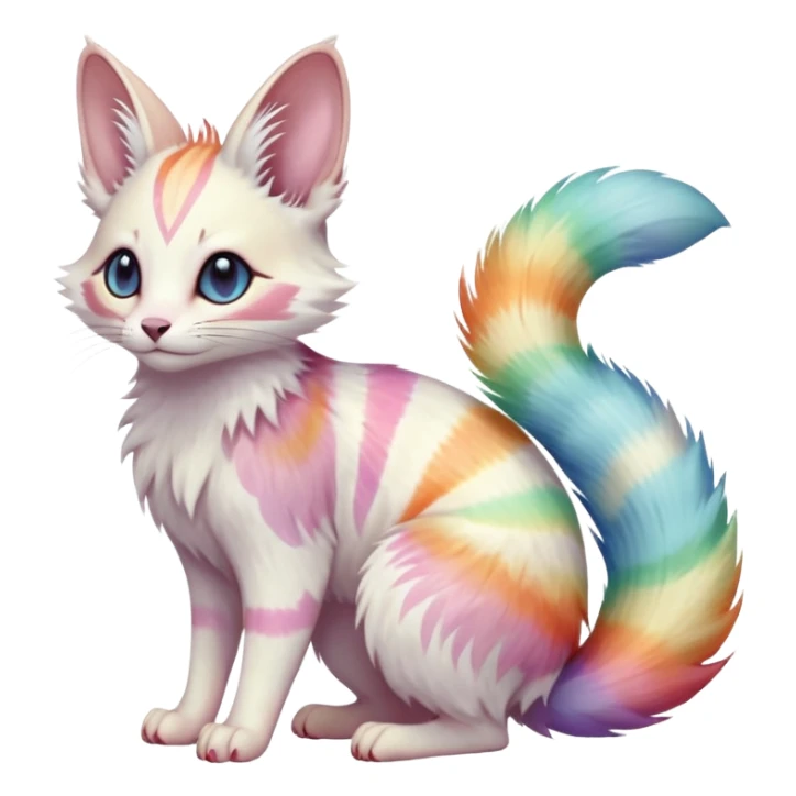  Realistic cute adorable pastel-iridescence-gradients albino fur with random colorful iridescent rainbow markings beautiful elegant pretty precious cute  Fakémon-Pokémon-opossum-feline-serval-caracal-chinchilla-Minccino-hybrid-creature with a big fluffy bushy striped tail (full body) sticker