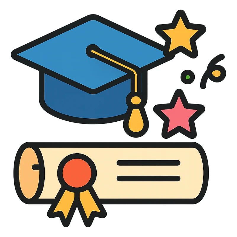 graduation cap and certificate together, celebratory style, colorful and festive color outline icon sticker