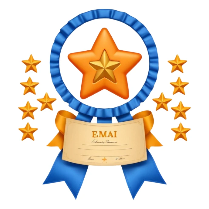 Create a glossy 3D certificate emoji with a cream diploma, rounded corners, a blue ribbon seal, orange tails, and an embossed star. sticker
