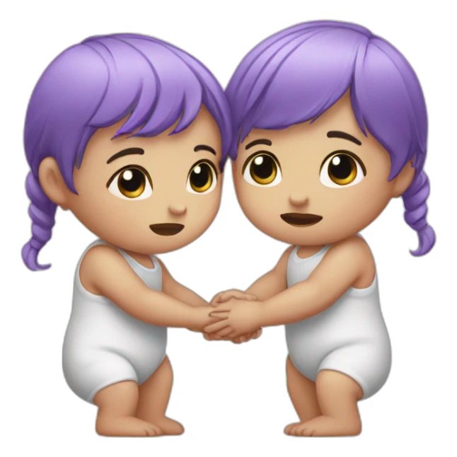 two crying white babies holding hands, one has purple hair sticker