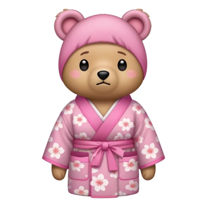 A cute light-brown bear wearing a pastel pink sakura-patterned kimono, normal balanced body ratio.  
Pulling out both empty pockets with a sad and embarrassed expression, small sigh lines.  
Kawaii emoji style, minimalistic clean sticker illustration, white background. sticker