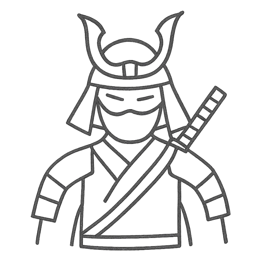 minimalist hand-drawn outline icon of a Japanese samurai warrior sticker