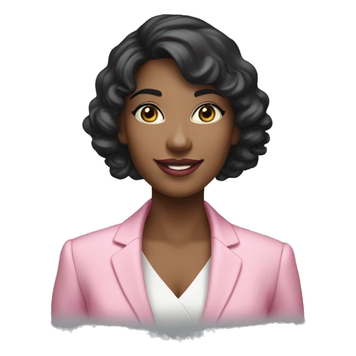 A woman in a standing position, her appearance can be described by the following characteristics: black hair to the shoulders, slightly curly, blue eyes, a beautiful smile and pink gloss on her lips. She is dressed in a formal pink strict suit sticker