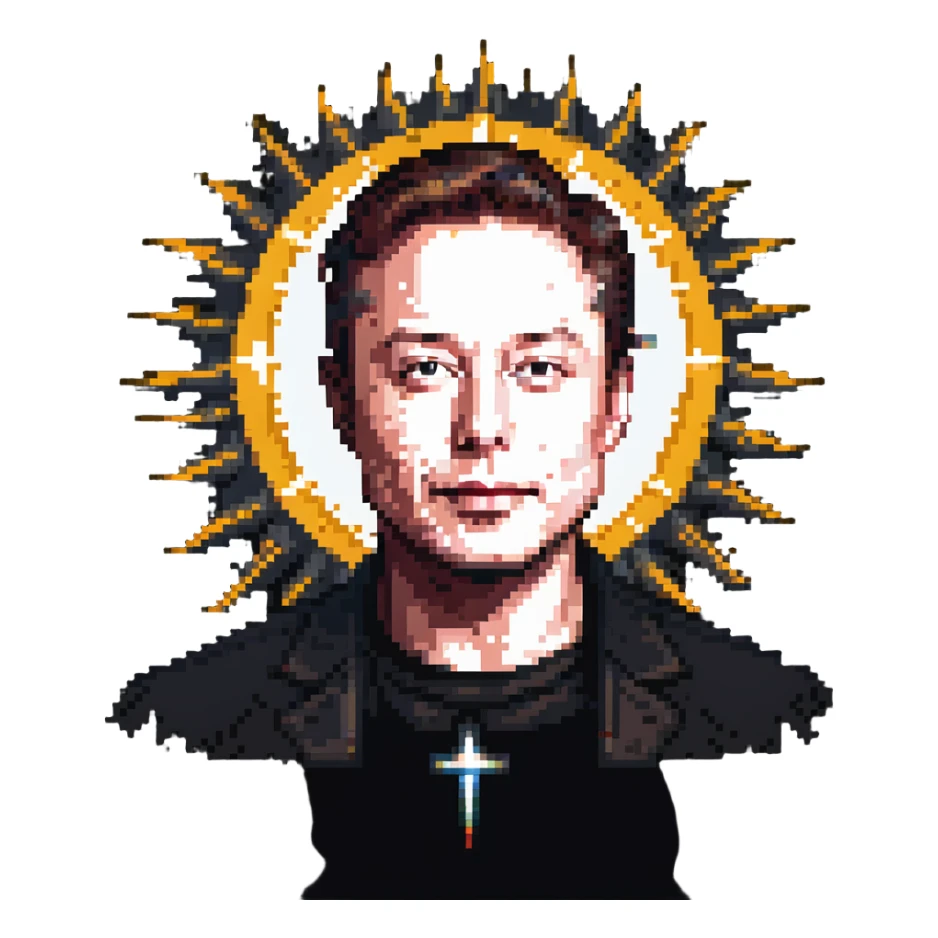 Elon Musk portrait with X symbol and sun rays sticker