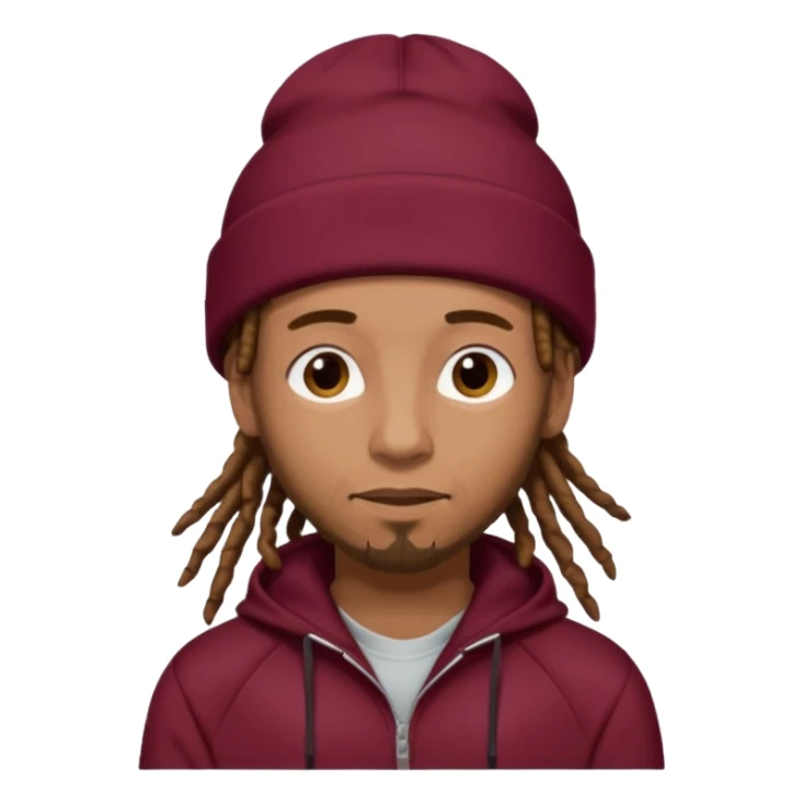 Animate a caramel skinned male with brown dreads and a tan colored  beanie. Wearing a burgundy tracksuit on with no beard  sticker