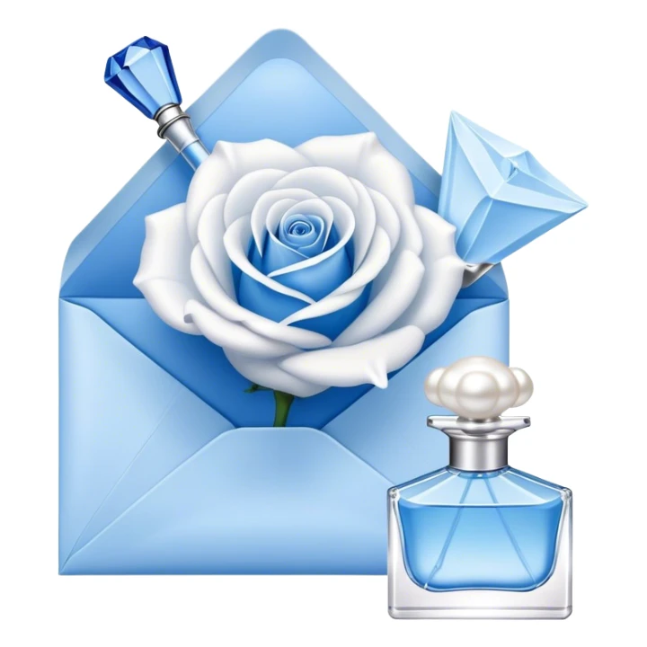 white-blue rose next to a pearl-colored envelope and a flacon of aesthetically pleasing perfume in powder blue  sticker