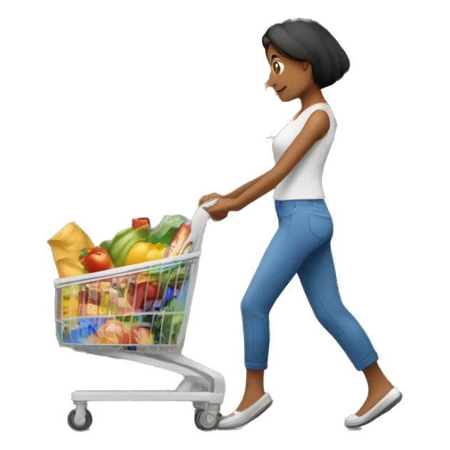 mujer llevando carro de compras lleno de productos de supermercado sticker