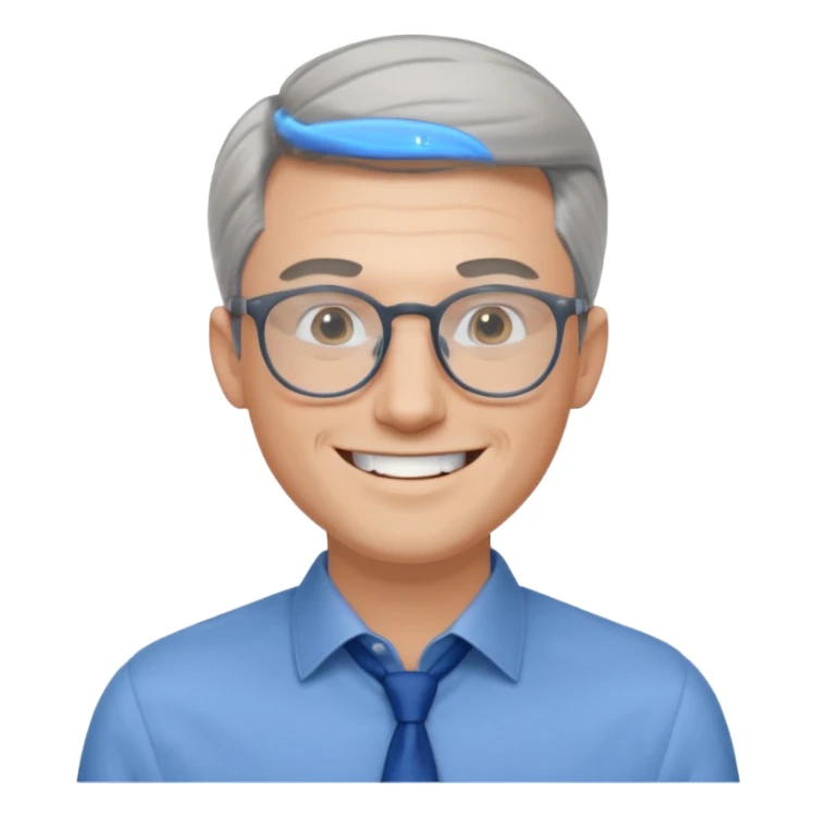 30 yr old pale white man, grey side swept hair, round glasses, big smile, white teeth, handsome, longer hair, thin glasses, blue dress shirt, no tie, stylish hair sticker
