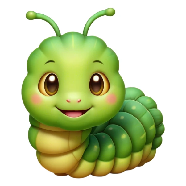 Cinematic Cute Caterpillar Portrait Emoji, Head tilted playfully and inquisitively, featuring a small, fuzzy body with rounded, plump segments, soft, endearing eyes and a charmingly wiggly movement, Simplified yet irresistibly adorable features, highly detailed, glowing with a warm, inviting green glow, high shine, affectionate and lively, stylized with a touch of whimsical woodland charm, soft glowing outline, capturing the essence of a mischievous caterpillar that seems as if it could crawl out of the screen into your arms! sticker
