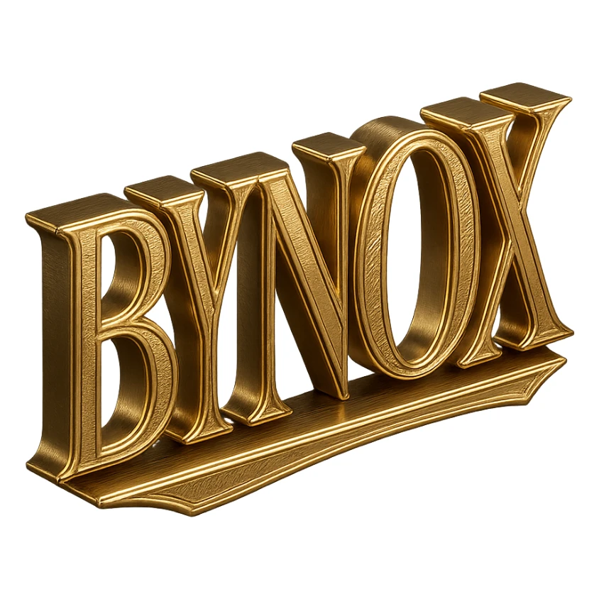 minimal gold and black emoji, 'BYNOX' in center, shiny metallic, premium, 3D, elegant, no background, suitable for Telegram, stylish typography sticker